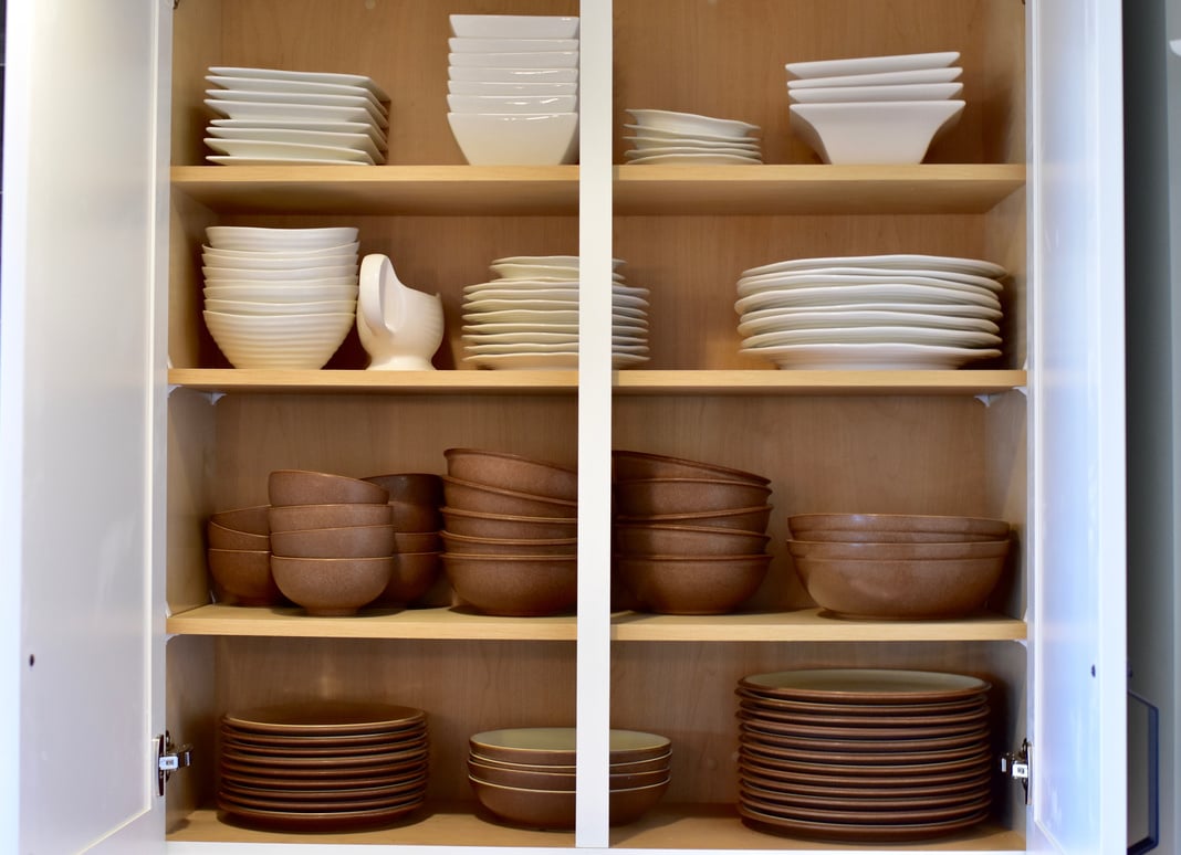 Open organized shelving in kitchen cabinets