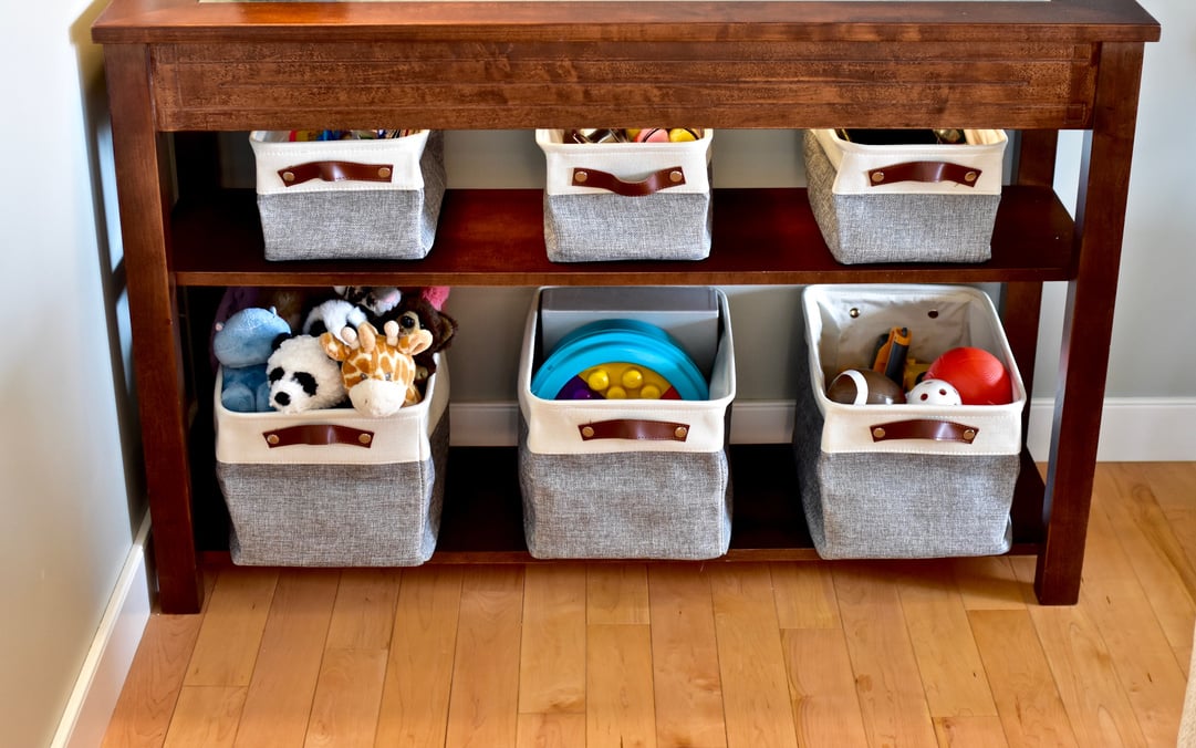 Easy storage solution drawers and basket bins on book shelf